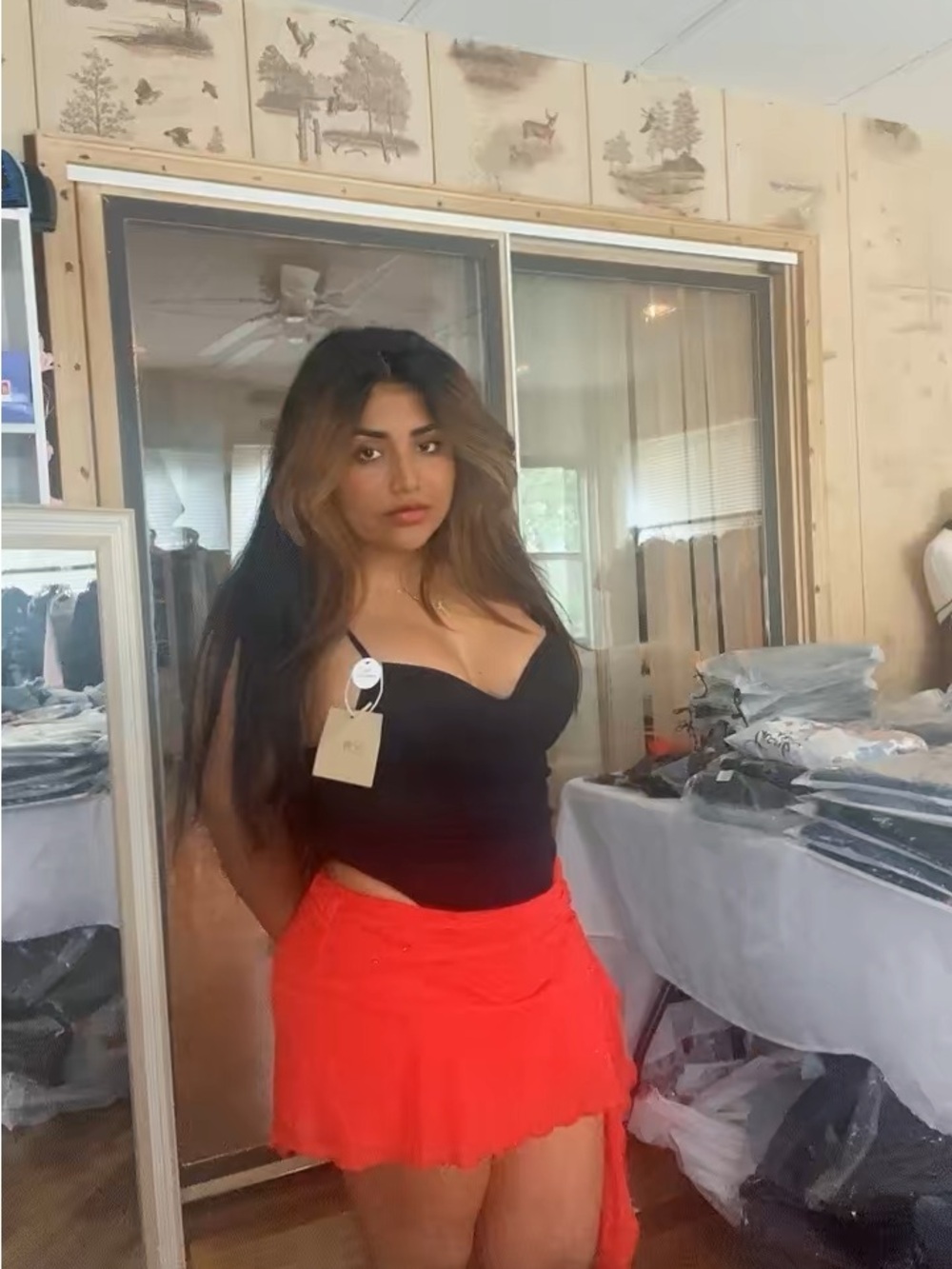 Black Bodysuit with Red Mini Skirt
